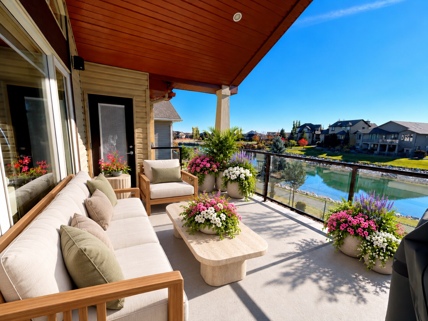 Water-facing balcony supplied by Cindy; virtually staged furniture and landscaping
